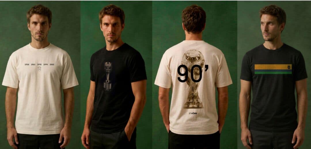 Modelos vestem camisetas da coleção cápsula da Vörr inspirada na Copa do Mundo, com referências às conquistas da Seleção Brasileira e ao troféu Jules Rimet