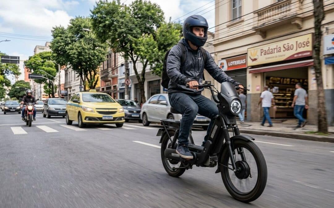 Condutor utiliza veículo autopropelido elétrico em avenida urbana durante deslocamento em área central da cidade