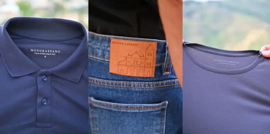 Peças da marca mineira Mongrassano confeccionadas em algodão Pima e tecidos premium, com destaque para camisa polo, camiseta e detalhe da etiqueta inspirada na tradição italiana da família Vernaschi