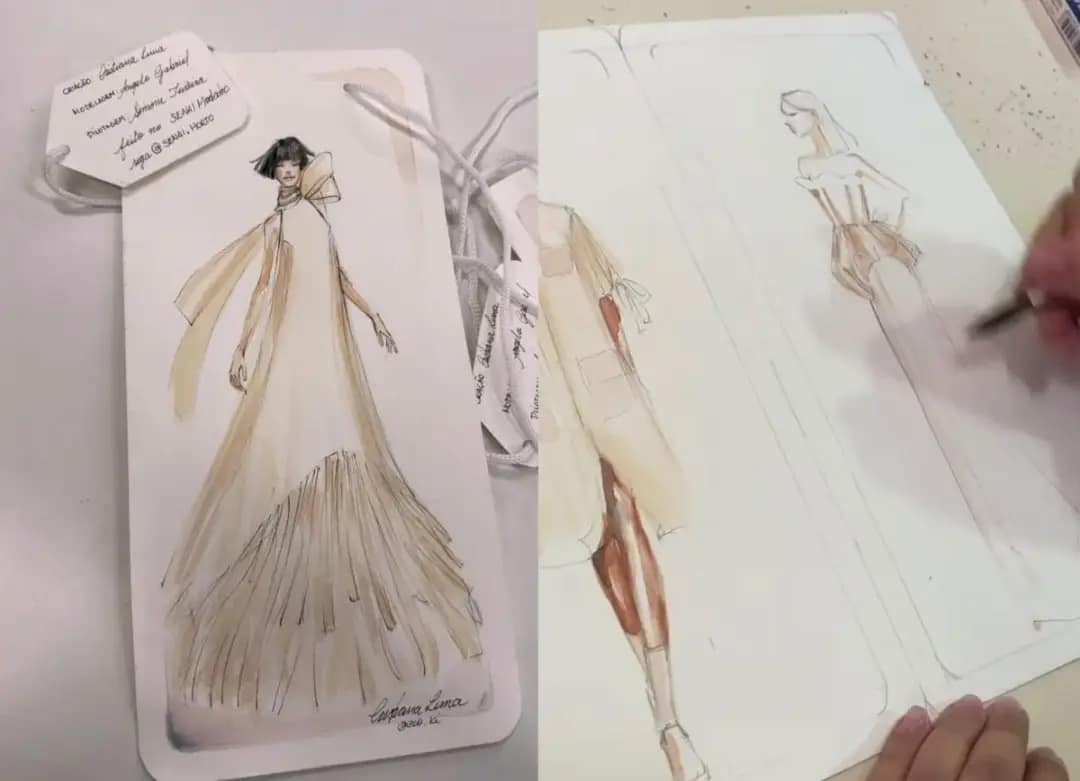 Desenho de coleção de desfile feito a mão por marca mineira durante evento do setor da moda em Belo Horizonte