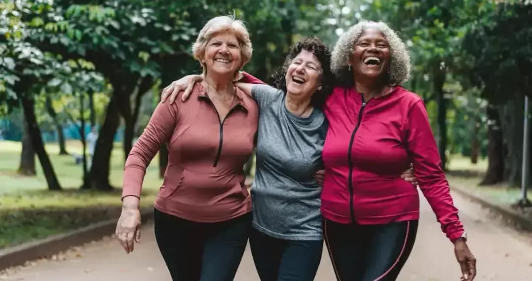 Três mulheres maduras, que passaram a menopausa, caminham juntas em um parque arborizado, sorrindo e demonstrando alegria e bem-estar