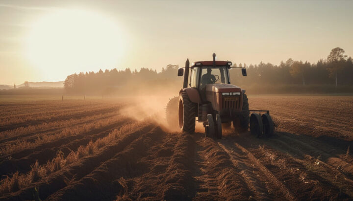 Farmer working outdoors harvesting wheat at sunset generated by AI Farmer working outdoors harvesting wheat at sunset generated by AI