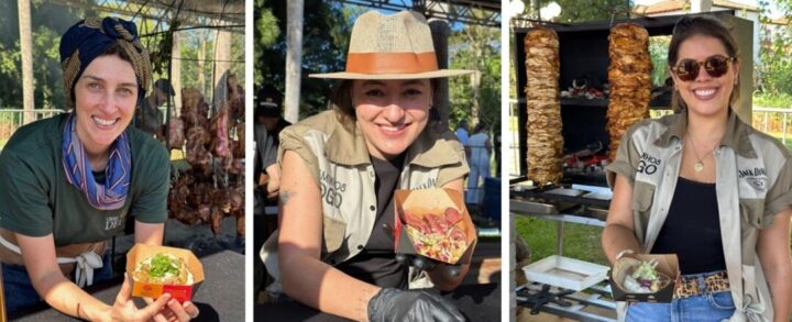 Priscila Deus e seu Lamb Tikka de Cordeiro; Ligia Karazawa com o Wagyu Thay e Marina Lopes que preparou o Gyros de Aves Foto Léa Araújo Priscila Deus e seu Lamb Tikka de Cordeiro; Ligia Karazawa com o Wagyu Thay e Marina Lopes que preparou o Gyros de Aves Foto Léa Araújo