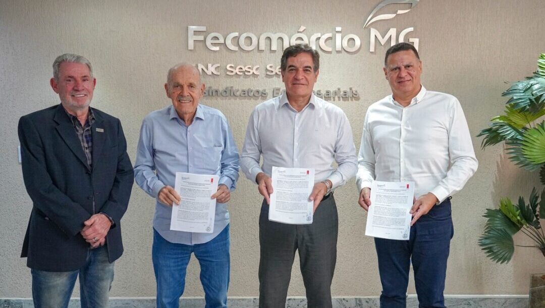 Presidente Nadim Donato e o vice presidente Julio Gomes do Sistema Fecomércio MG Sesc e Senac com Ítalo Aurélio Gaetani (Castor) e Rogério Labriola (Privilègi)