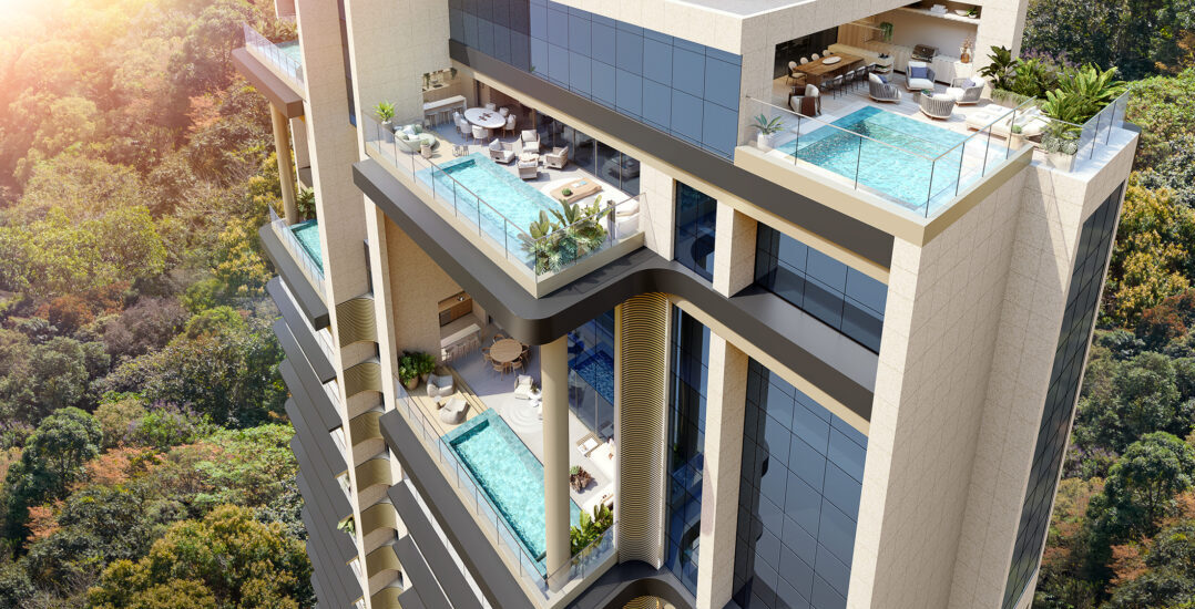 Vista aérea do Place Vendôme, empreendimento de luxo da Patrimar no Vila da Serra, com varandas amplas, piscinas privativas e integração à natureza
