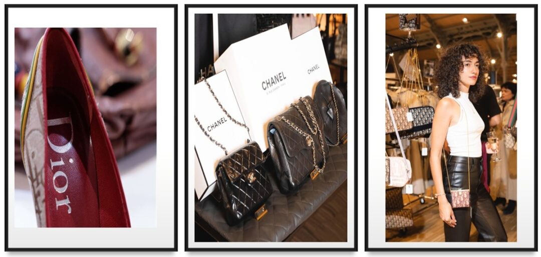 Peças de luxo expostas no Salon du Vintage Ultimate Luxury em Bal Harbour, incluindo sapatos Dior, bolsas Chanel e acessórios vintage de grandes maisons