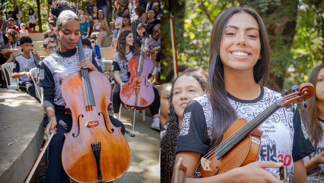Alunas da Orquestra Jovem aprovadas no vestibular de Música da UFMG, Eduarda Pereira com Violoncelo e Beatriz Gonçalves com Violino