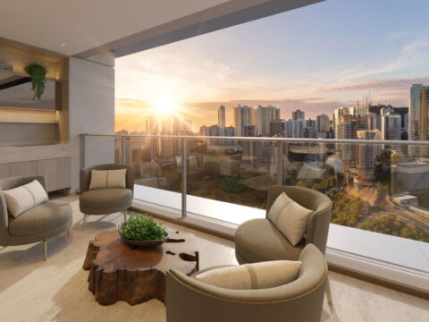 Varanda do apartamento com 2 suítes do empreendimento Place Dauphine no Reserva Jardins em Nova Lima com vista para a cidade