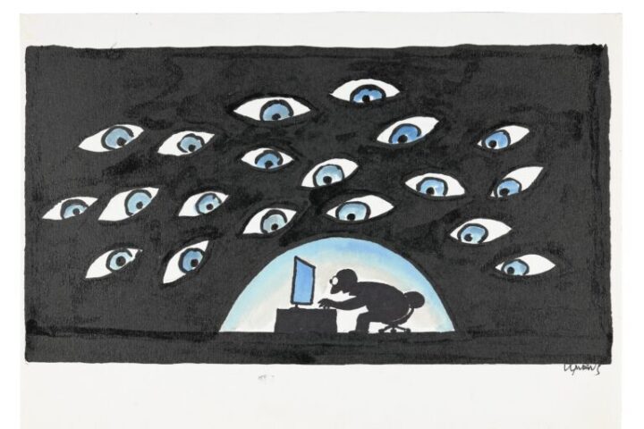 Obra de Claudius Ceccon integra exposição sobre memes no CCBB BH Ilustração de Claudius Ceccon com figura usando computador cercada por olhos, presente na exposição sobre memes no CCBB BH e o filme O Silêncio de Eva no roteiro