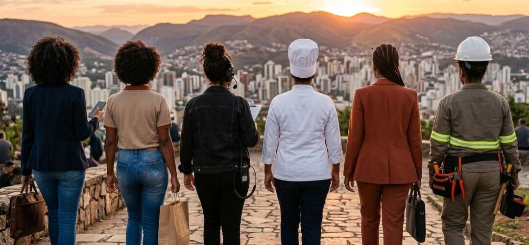 Profissionais mulheres em diferentes áreas observam Belo Horizonte, símbolo do avanço feminino em cargos estratégicos na economia da capital mineira