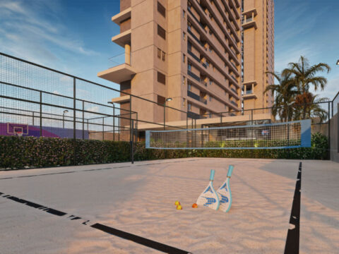 Quadra de beactennis do empreendimento Oásis Vale do Sereno em Nova Lima com arquitetura contemporânea