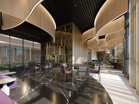 Salão de festas do empreendimento Oásis Vale do Sereno em Nova Lima com arquitetura contemporânea