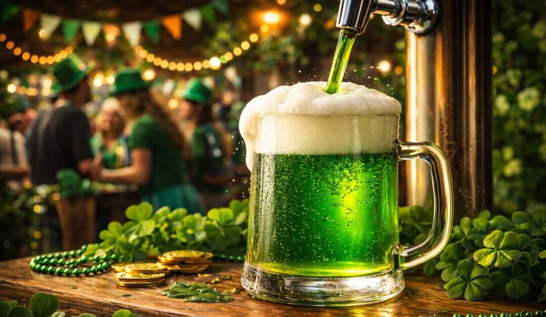 Chope verde servido em torneira durante celebração de Saint Patrick’s Day em bar com decoração temática