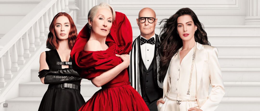 Elenco de O Diabo Veste Prada 2 com Meryl Streep, Anne Hathaway, Emily Blunt e Stanley Tucci em imagem promocional