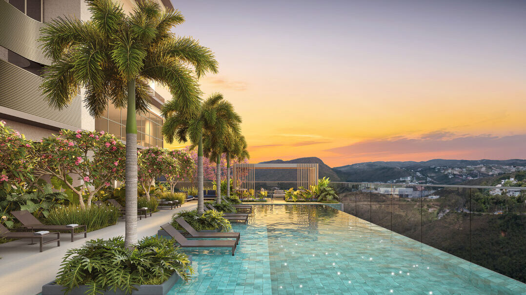 Piscina com borda infinita e vista panorâmica em empreendimento de alto padrão no Vila da Serra, Nova Lima