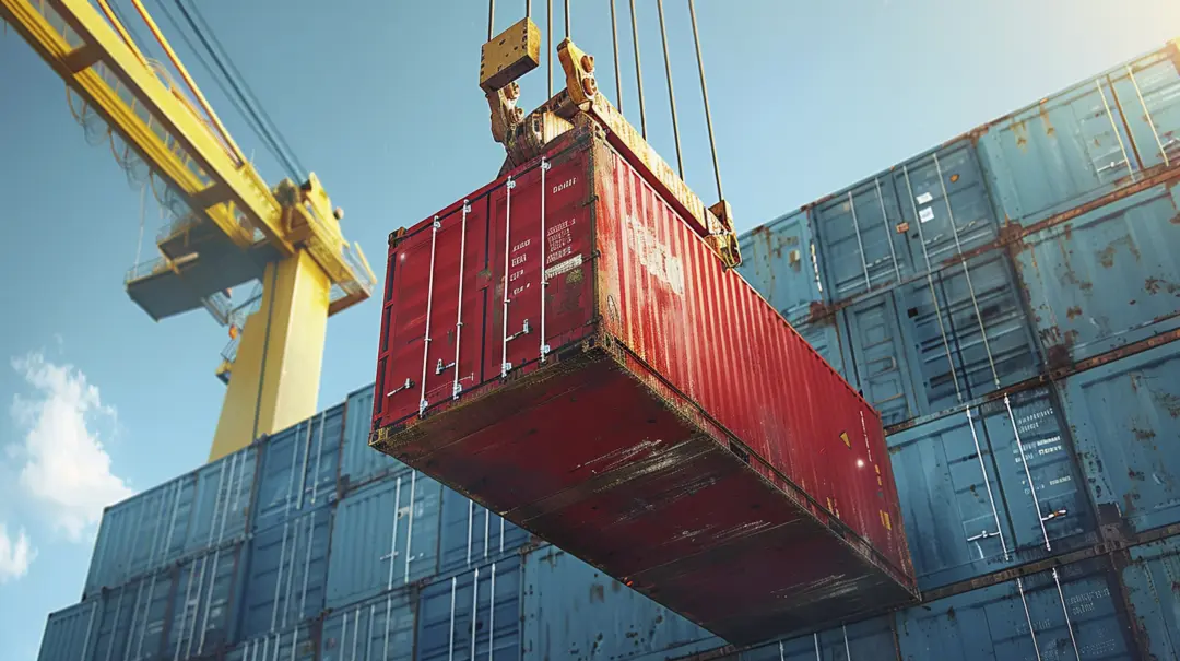Contêiner sendo movimentado em porto simboliza exportações da indústria mineira após acordo comercial entre Mercosul e União Europeia.