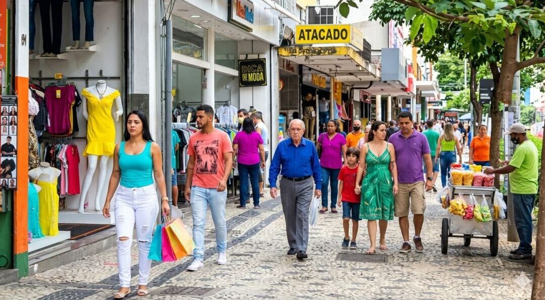 Movimentação no comércio de rua de Belo Horizonte com lojas abertas e consumidores circulando durante o dia