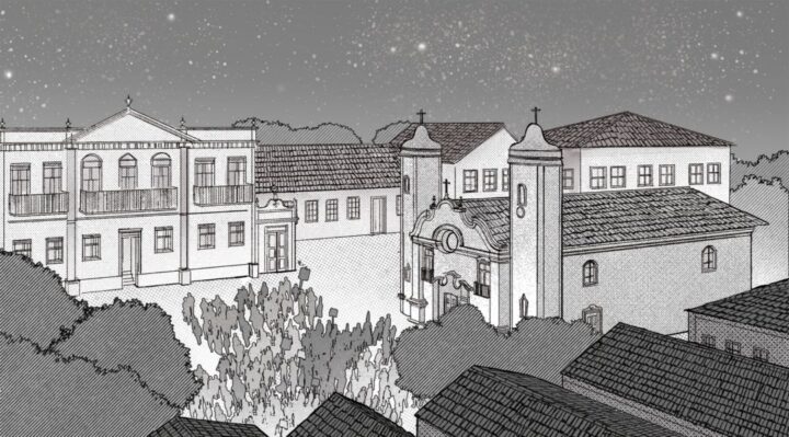 “Patrimônio em Quadrinhos” apresenta história de Minas em linguagem ilustrada Ilustração em estilo quadrinhos retrata conjunto histórico com igreja e casarões em cidade de Minas Gerais