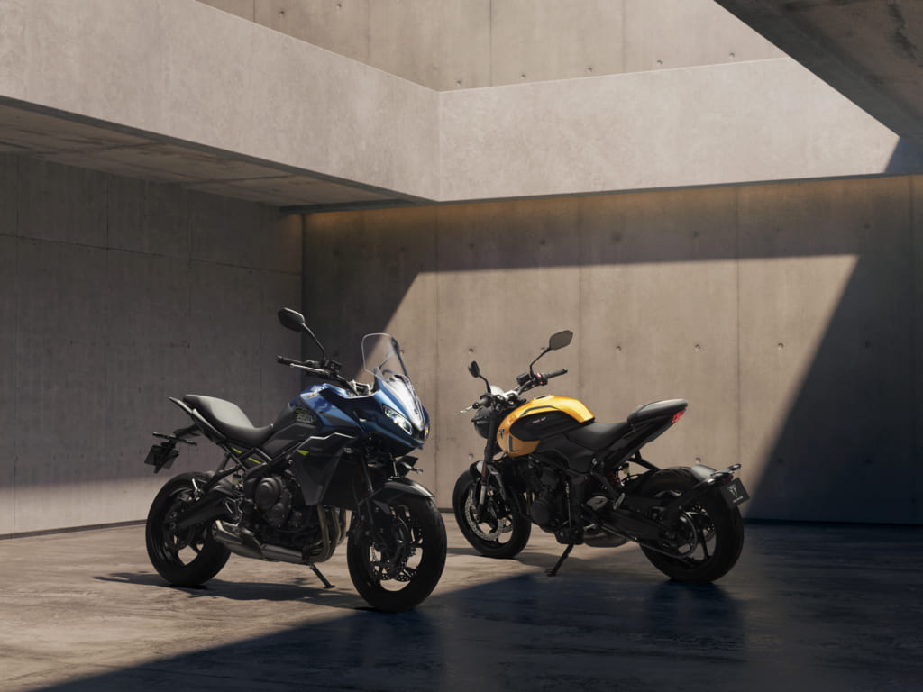 Modelos da linha Triumph 660, incluindo Tiger Sport e Trident, em imagem promocional da fabricante britânica