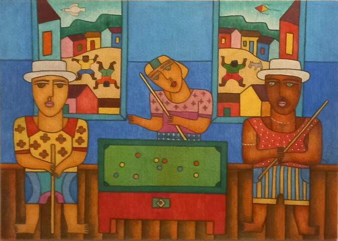 Palácio das Artes recebe exposição em homenagem ao artista mineiro Marcos Garcia Pintura colorida de Marcos Garcia retrata três personagens jogando sinuca em cenário geométrico inspirado no cotidiano popular brasileiro, com casas e figuras ao fundo
