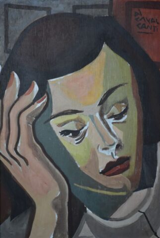 Exposição “Travessias” leva arte mineira e obras da Faop ao BH Shopping Pintura expressionista de rosto feminino apoiado sobre a mão, em tons terrosos e traços marcantes, exposta na mostra “Travessias: pelos caminhos da Faop”, no BH Shopping.