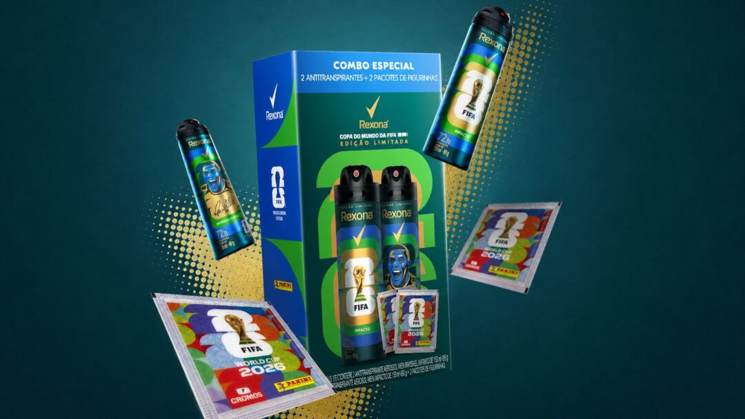 Combo especial da Rexona com antitranspirantes e figurinhas do álbum da Copa do Mundo FIFA 2026 em parceria com a Panini