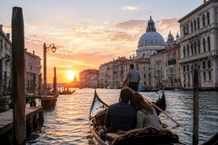Casal em passeio de gôndola pelos canais de Veneza ao pôr do sol, imagem utilizada na campanha de Dia dos Namorados do Boulevard Shopping BH