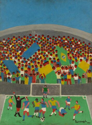 Obra de Lorenzato integra exposição com mais de 100 trabalhos em Belo Horizonte Pintura de Amadeo Luciano Lorenzato retrata partida de futebol com jogadores em campo e arquibancada lotada, obra presente em exposição inédita na Errol Flynn Galeria de Arte, em Belo Horizonte