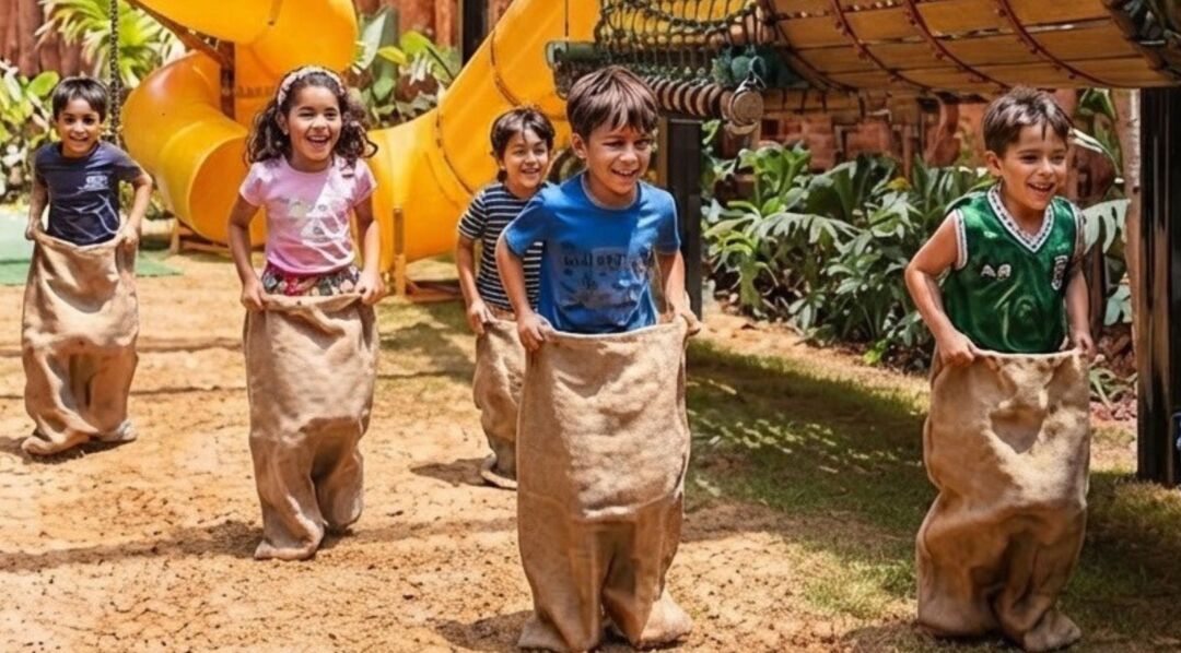 Crianças participam de corrida de saco durante a colônia de férias da Casa do Sol Botânico, no Botânico Shopping, em Belo Horizonte