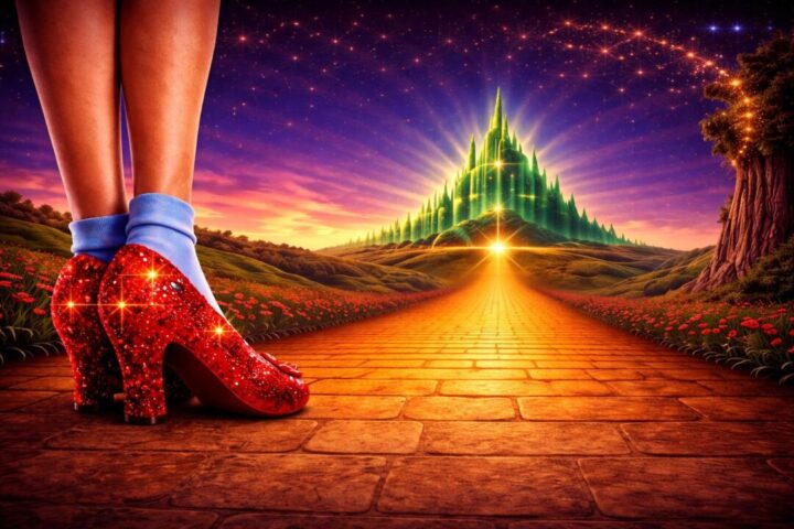 Espetáculo O Mágico de Oz Imagem inspirada em O Mágico de Oz mostra os icônicos sapatos vermelhos de Dorothy diante da estrada de tijolos amarelos rumo à Cidade das Esmeraldas