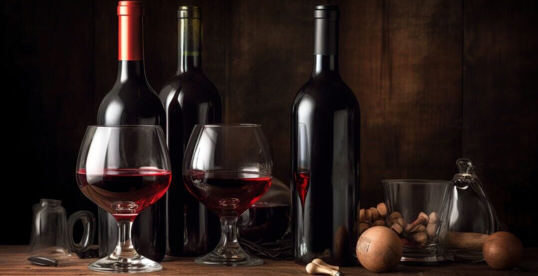 Garrafas e taças de vinho tinto sobre mesa de madeira, representando o setor vitivinícola e os negócios do mercado de vinhos