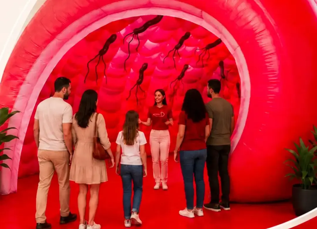 Visitantes participam da experiência interativa "Por Dentro da Gastro – Pocket", com réplica gigante do estômago em evento de conscientização sobre saúde digestiva em Belo Horizonte